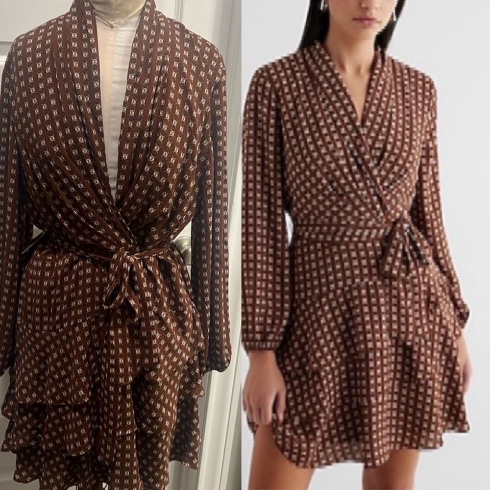 Brown Long sleeve tie waist tiered mini dress new with‎ tags